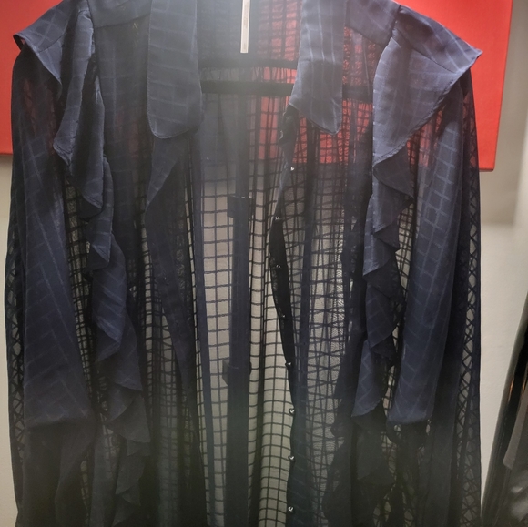 Free People Navy Blouse Sheer Long Sleeves w/Ruffles Large - Picture 1 of 4